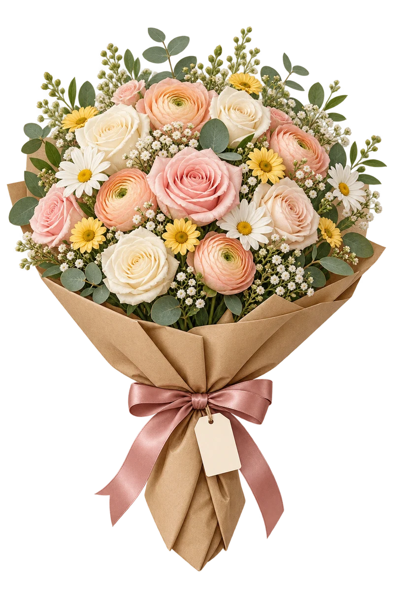 Un ramo abundante de rosas rosadas y crema, margaritas y flores amarillas, envuelto en papel kraft con un lazo rosa.